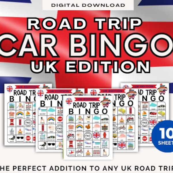 UK Road Trip Bingo Printable, Digital Download Auto Bingo, Car Activity for Children, Car Game for Kids, Ireland, Scotland, Wales, England