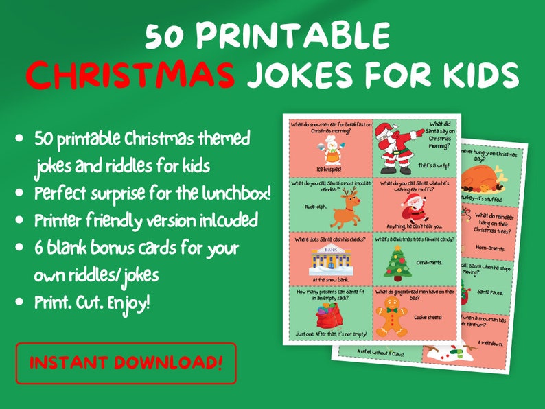 50 Printable Christmas Joke Lunchbag Cards for Kids Instant - Etsy ...