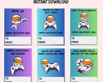 Tarjetas imprimibles del día de San Valentín para jugadores, tarjetas del día de San Valentín en el aula para niños, niños imprimibles de San Valentín, descarga digital de San Valentín para niños