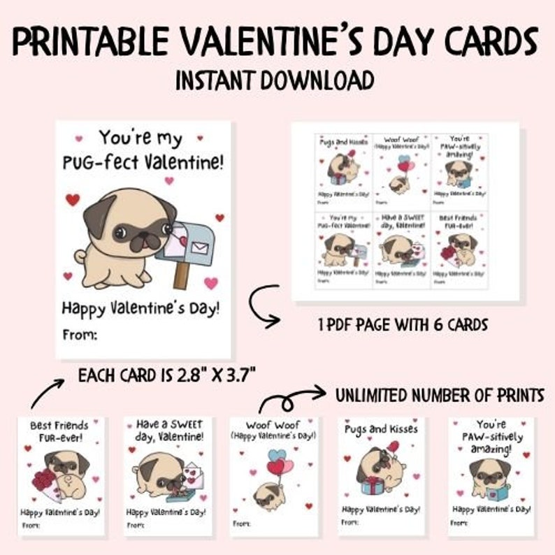 Printable Pug Valentine's Day Cards, Classroom Valentine's Day Cards ...