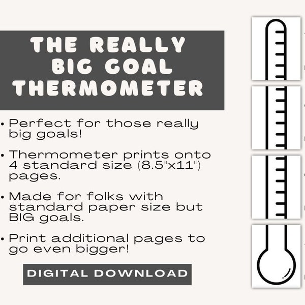 PRINTABLE Really Big Goal Thermometer, Printable Goal Chart, Really Big Goal Thermometer, Downloadable Large Goal Thermometer - 4 PDF Pages