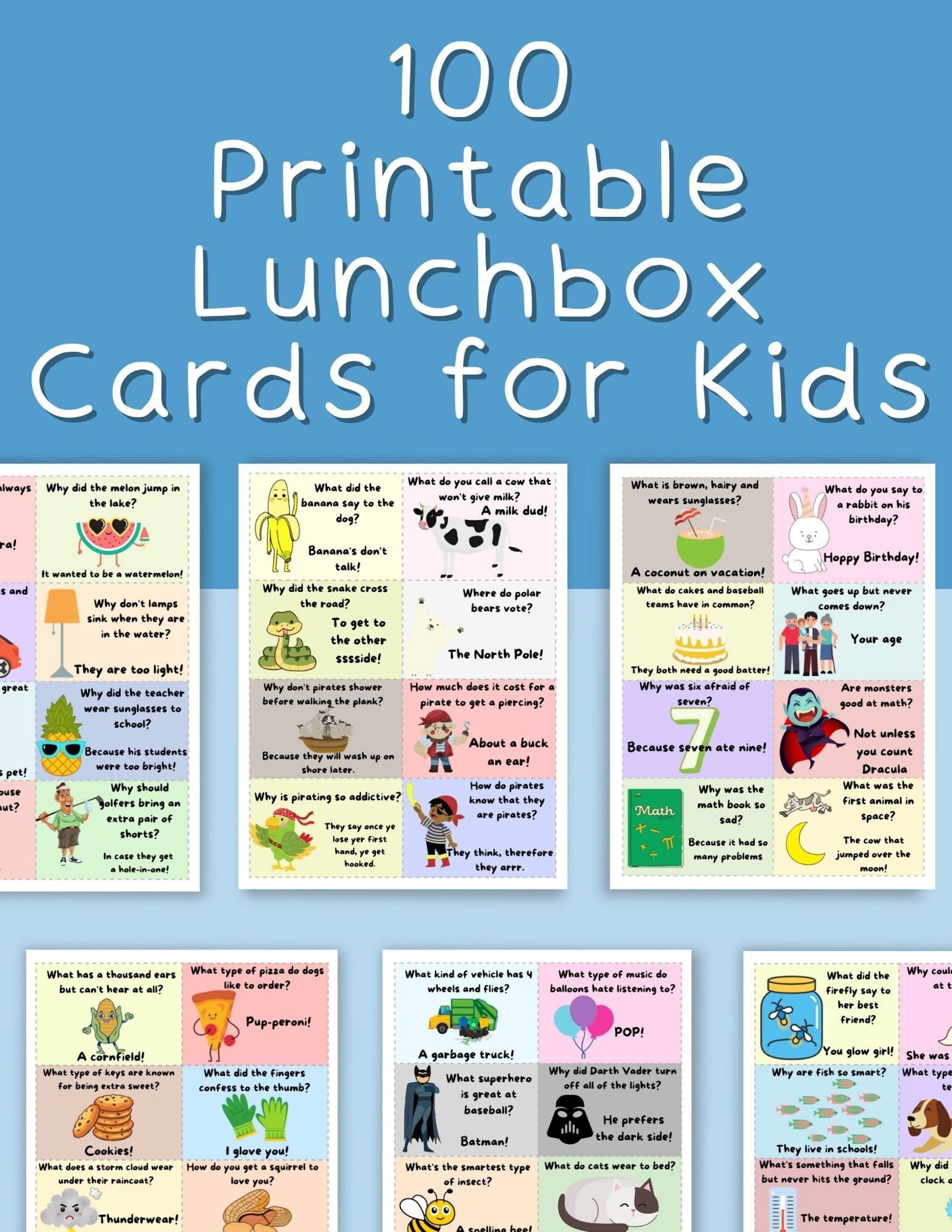100 Printable Joke Lunchbag Cards for Kids, Instant Download Kids Joke Cards, Riddle Cards for ...