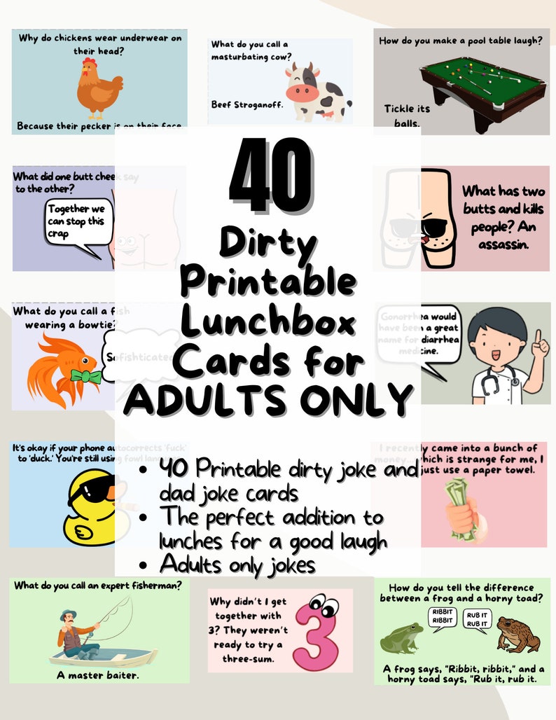 40 Printable Dirty Joke Lunchbag Cards for Adults Only, Instant