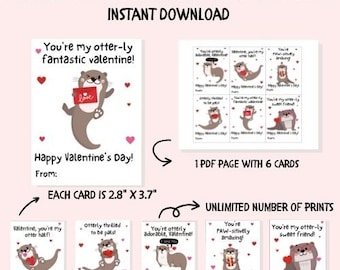 Printable Otter Valentine's Day Cards, Classroom Valentine's Day Cards for Kids, Kids Valentine Printable, Kids Valentine Digital Download