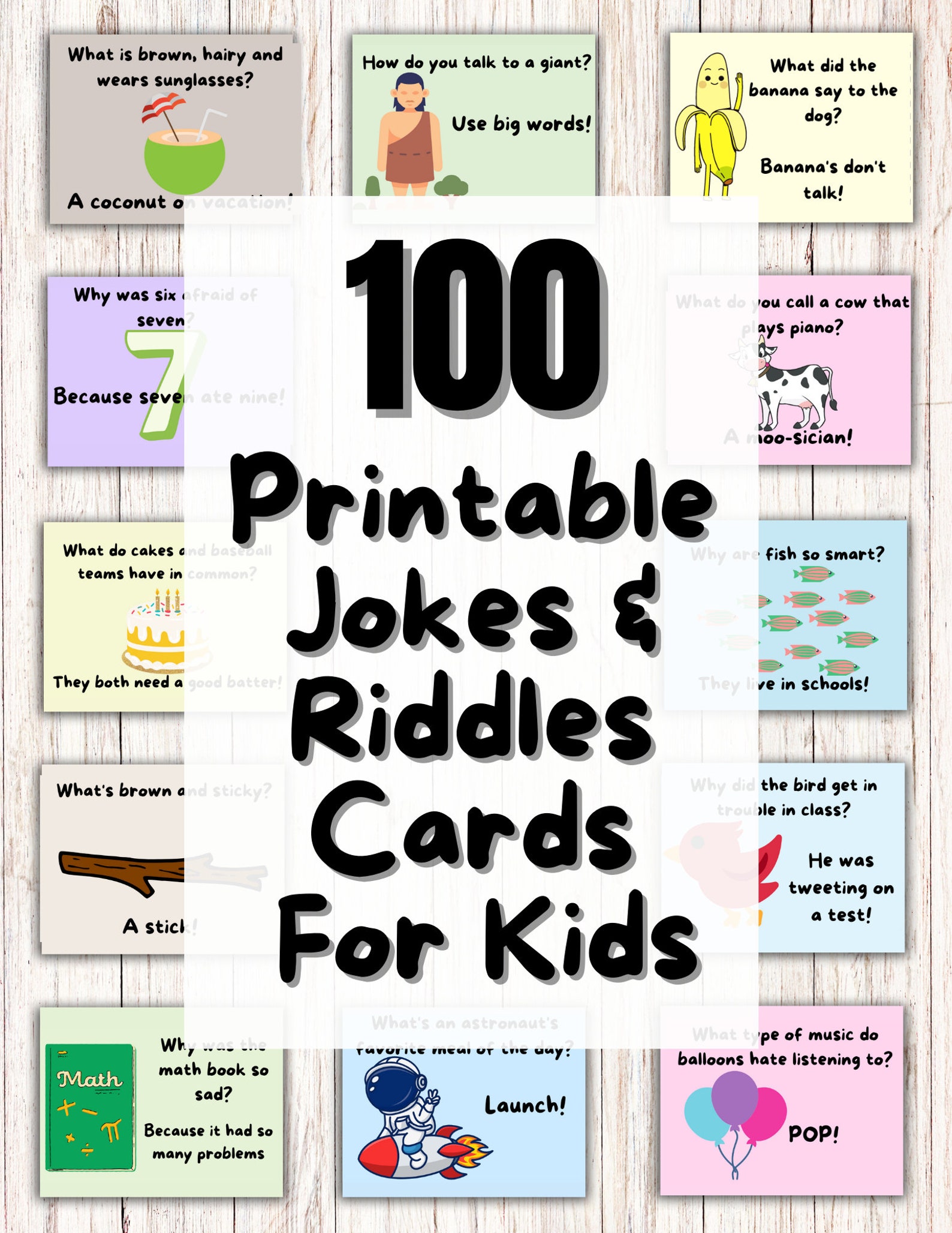 100 Printable Joke Lunchbag Cards for Kids, Instant Download Kids Joke Cards, Riddle Cards for ...