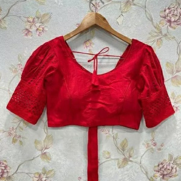 BLOUSE rouge, dos ouvert, demi-manches, chemisier hakoba pour tenue de soirée, chemisier fait main, chemisier pour femme, choli || Livraison gratuite ||