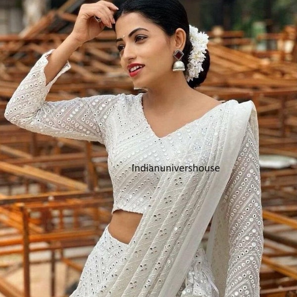 White blouse for women Chikankari Embroidered BLOUSE, Back Open, Full Sleeves, Party Wear BLOUSE, Hand Made Blouse Blouse,Mirror Work Blouse