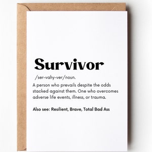 Survivor Definition Card | Resilient, Brave, Total Bad Ass | Facing Adversity Supportive Gift for Friend Cancer, Domestic Violence Survivor