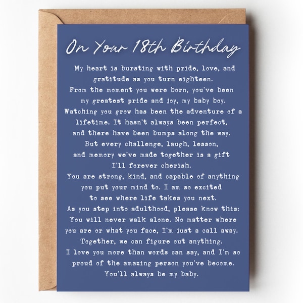Carte d'anniversaire pour les 18 ans de mon fils, Cadeau pour ses 18 ans | Souvenir d'anniversaire sentimental et attentionné pour ses 18 ans (2 couleurs)
