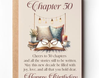 50th Birthday Card for Women, Chapter 50 Milestone Keepsake Card, Elegant Cozy Book Theme Card for Friend LARGE 5x7 Fifty Fiftieth Bday Card