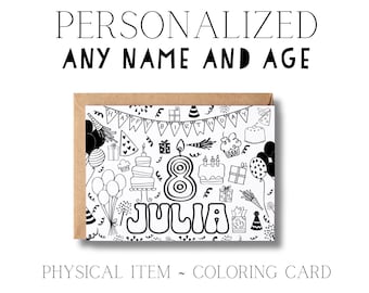 May include: Black and white coloring card with a birthday theme. The card features a banner that says "Happy Birthday", a number 8 candle, and the name "Julia".