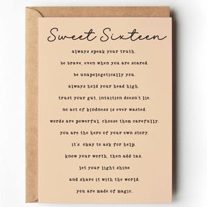 Sweet 16 Birthday Card, Daughter Sweet Sixteen Birthday Card, 16th Birthday Gift, Granddaughter, Niece Sweet 16 Card 5x7 Keepsake Card
