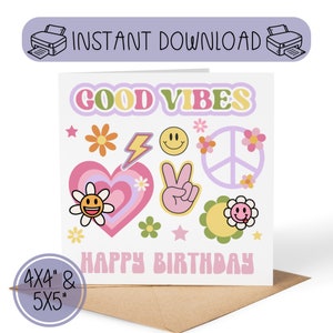Niedliche Retro Groovy Geburtstagskarte zum Ausdrucken | Sofortdownload | Gute Stimmung Happy Bday | Alles Gute zum Geburtstag Mädchen | 2 Größen enthalten 4x4 "und 5x5"