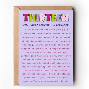 Thirteen Birthday Card for Son or Daughter Thirteen Sentimental Milestone Birthday Card, 13th Birthday Gift, Officially a Teenager 13 Card