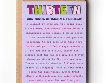 Thirteen Birthday Card for Son or Daughter Thirteen Sentimental Milestone Birthday Card, 13th Birthday Gift, Officially a Teenager 13 Card