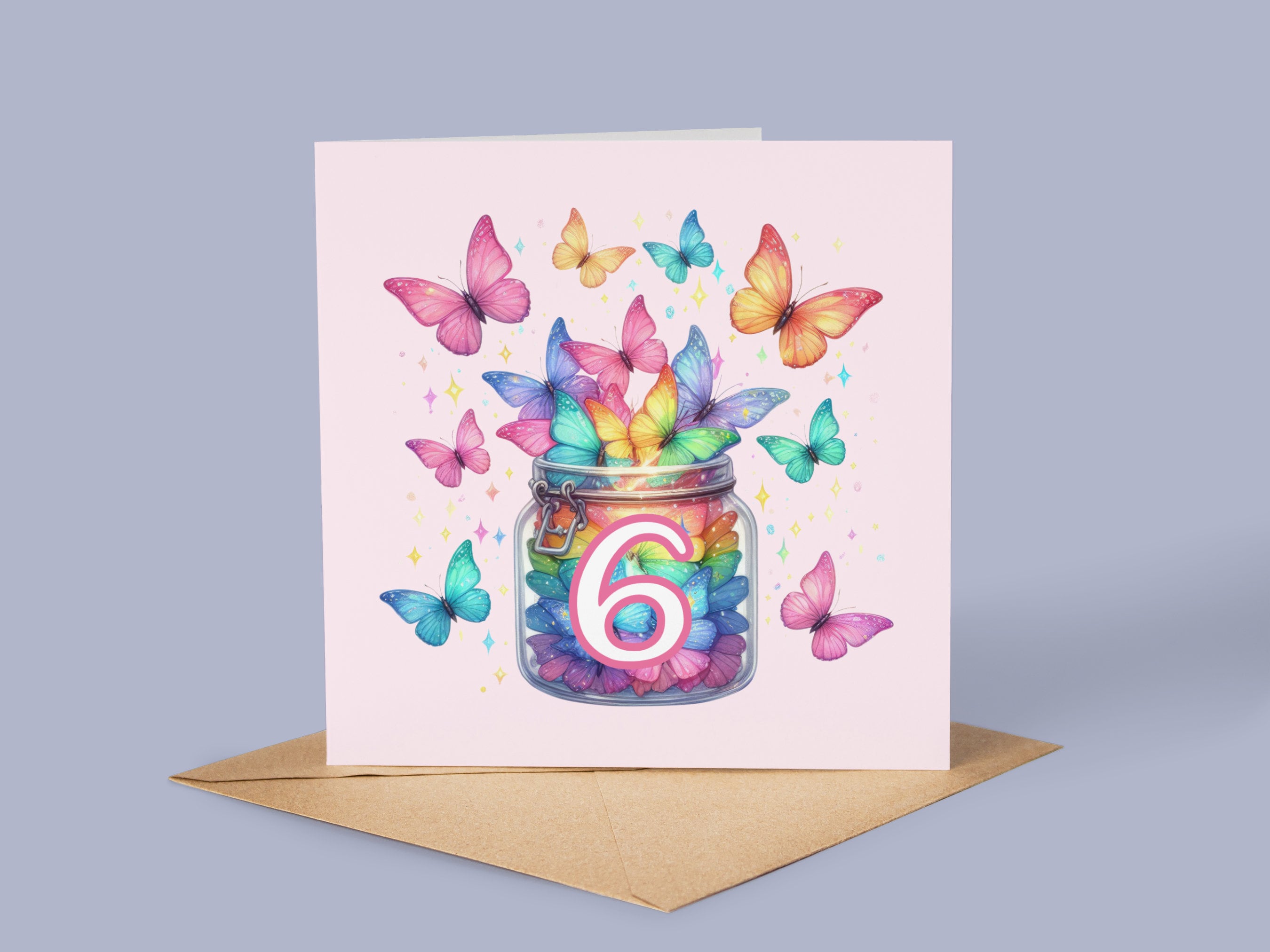 PRINTABLE 6th Birthday Card | Instant Download | Sweet 6 Magical Butterfly Jar | Sixth Birthday for Girl | 2 Sizes Included 4x4" and 5x5"