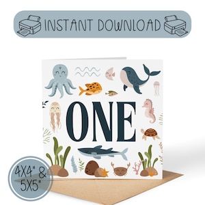 PRINTABLE First Birthday Card | 1st Birthday Under the Sea | ONE | Ocean Theme Nautical Birthday Card | 2 Sizes Included 4x4" and 5x5"