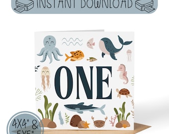 PRINTABLE First Birthday Card | 1st Birthday Under the Sea | ONE | Ocean Theme Nautical Birthday Card | 2 Sizes Included 4x4&quot; and 5x5&quot;