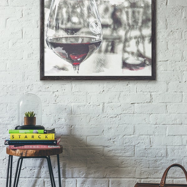 Wall Art, Print on Demand, Italian Cafe, Red wine, San Gimignano, Italy, Watercolor painting from original photo, Bistro art