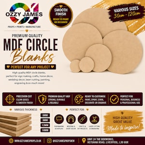 May include: A collection of five circular MDF blanks in varying sizes, ranging from 30cm to 120cm. The light brown wooden discs feature a smooth finish. The image includes text labels such as OZZY JAMES, MDF CIRCLE BLANKS, and thickness options of 6mm, 9mm, 12mm, and 18mm.