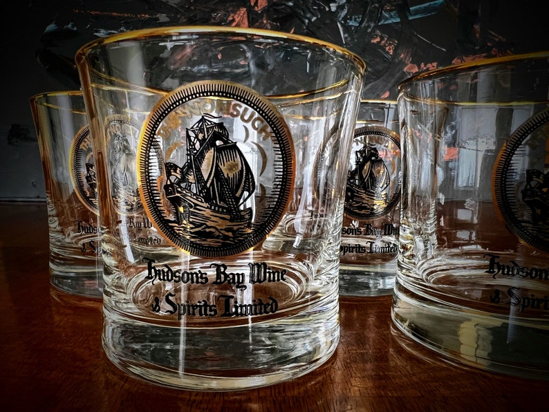 Hudson's Bay Whisky Glasses, Gold Ship Bar Glasses, Collectible, Set of