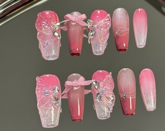 Glittering Fairy Wings Press On Nails Manicure / Reusable Nails / Medium-Long Coffin 24 mm