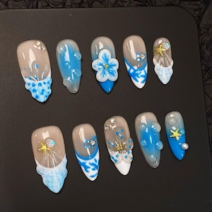 Ocean Breeze Press On Nails Manicure / Reusable Nails / Almond Nail 20 mm