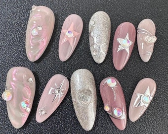 Pink Stardust Press On Nails Manicure/Reusable/ Almond Shape 22mm