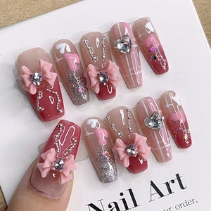 Cat Eye with Butterfly Knot Press On Nails Manicure / Reusable Nails / Long Coffin 24 mm