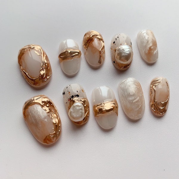 Chic Goldleaf  Press On Nails Manicure/ Reusable/ Round Shape 18mm S Size