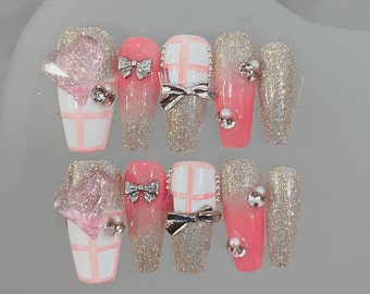 Pink Lattice Press On Nails Manicure/ Reusable Nails/ Medium-Long Coffin