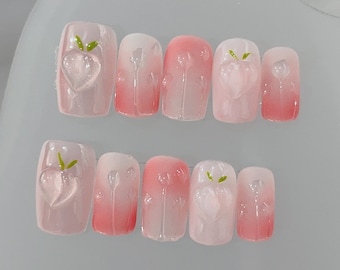 Summer Peach Ombre Press On Nails Manicure / Reusable Nails / Medium Square