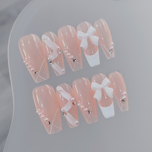 White Ribbon & Butterfly Knot French Nails Press On Nails Manicure / Reusable Nails/ Medium Coffin