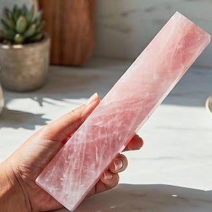 May include: A large, rectangular rose quartz crystal obelisk is held in a hand. The pink crystal has a translucent quality and is displayed near a teacup and saucer with a floral design. Small potted succulents are in the background.