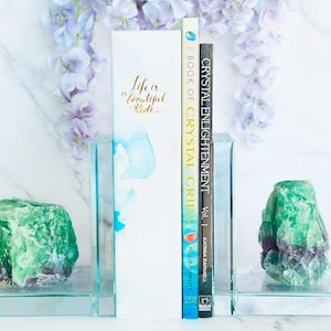 Raw Rainbow Fluorite Crystal Bookends - 5.5” Pair of Geode Book Ends on Glass Bases