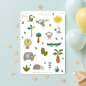 Planche d'autocollants "In the Jungle" motif jungle avec d'adorables animaux sauvages pour enfants, comme idée cadeau pour un anniversaire ou la rentrée scolaire