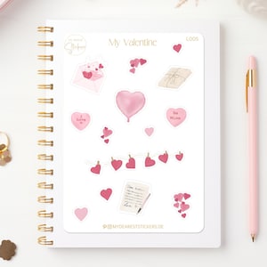 My Valentine - Thema Liebe und Valentinstag Stickersheet Aufkleber für die Liebsten, handgemalte Motive für das Hochzeitsalbum, Geschenk JGA