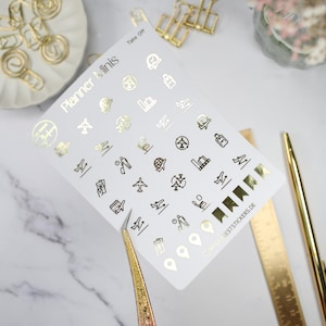 Mini adesivo planejador dourado "Take Off" tema feriado/avião em preto, dourado ou prata para bujo, registro no diário, calendário e diário