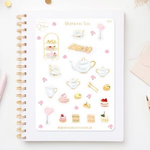 Feuille d'autocollants « Afternoon Tea » - motifs élégants et classiques de l'heure du thé, peints à la main avec un gâteau comme autocollants en papier pour les planificateurs et comme cadeau