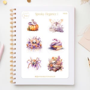 ステッカーシート「Spooky Season I」かわいい怖いカボチャのヘビとクモの紫紙ステッカー、ジャーナルプランナーやギフトとして
