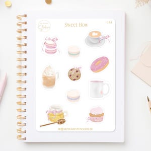 Feuille d'autocollants « Sweet Bow » - Pâtisseries sucrées, boucles et boissons peintes à la main comme autocollants en papier pour les planificateurs et comme cadeau
