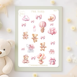 Pink Teddy, rosa Baby Kinder Sticker, niedliche Motive für Planer, Erinnerungsalbum als Geschenk für Babyparty und Geburt