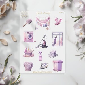 Feuille d'autocollants « Faire le ménage » motifs de nettoyage de printemps en papier violet autocollants pour Pâques comme journal de calendrier de planification ou comme cadeau