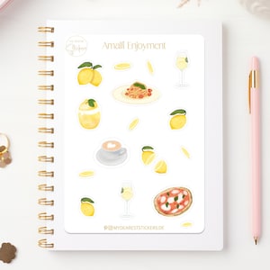 Feuille d'autocollants « Amalfi Enjoyment » citrons, spaghetti et pizza, autocollants en papier pour planificateurs et comme cadeau, peints à la main