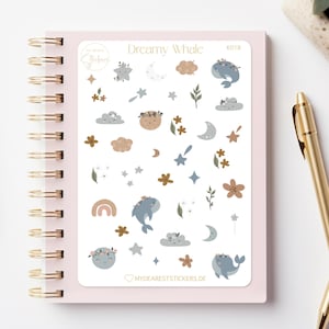 Baleine rêveuse, autocollants pour nouveau-nés, autocollants en papier pour agendas, albums de souvenirs et comme cadeau pour les baby showers et les naissances