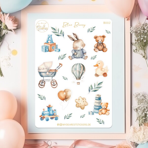 Blue Bunny, blue newborn stickers, vintage motifs paper stickers for planners, memory albums and as a gift for baby showers and births