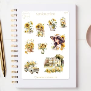 Stickerbogen "Sunflowerfield" Sonnenblumen Papiersticker Motiv für Tagebuch Bullet Journal Kalender Planer oder als Geschenk zum Geburtstag