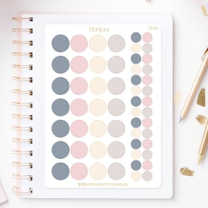Foglio adesivo Dots "Bonjour Dots" da segnare, descrivere con date per agende e calendari di giornale, quattro colori, due dimensioni