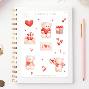Foglio adesivo Love Letter Bear - Teneri orsetti con motivo a cuore per lettere d'amore, adesivi di carta per pianificatori e come regalo