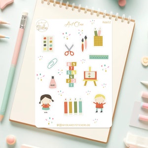 Feuille d’autocollants « Art Class » pour enfants papier autocollant motif idée cadeau pour la rentrée scolaire, rentrée scolaire pour artistes, motifs mignons